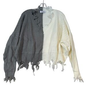 Womens Distressed Colorblock Ribbed Knit Sweater Gray Cream •L• Grunge Punk Edgy